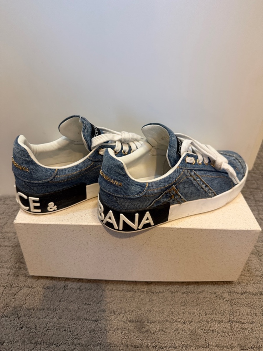 Dolce & Gabbana Portofino Denim Sneakers with White Laces and Black Heel Logo